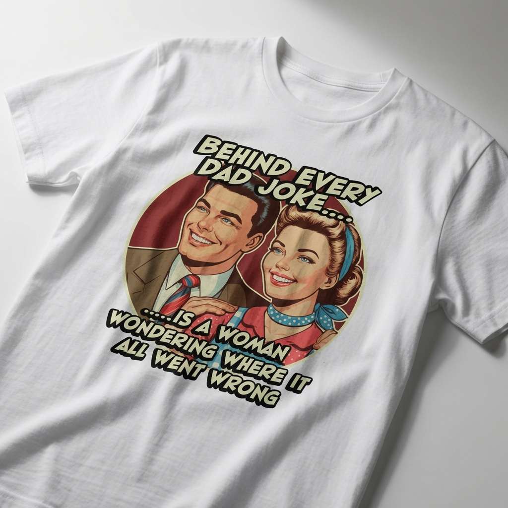 White Behind Every Dad Joke t-shirt, witty graphic funny ladies tee