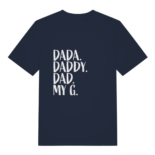 French Navy Dad My G T-shirt flat lay featuring funny dad titles brush text