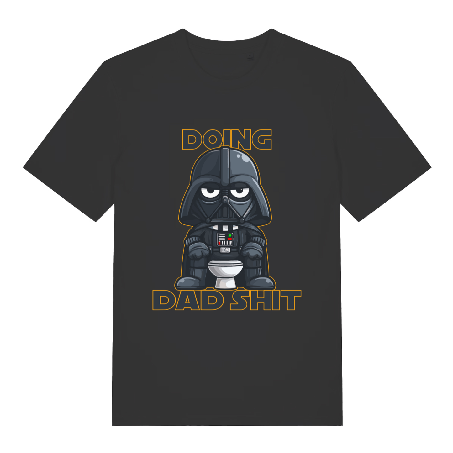 Black Dad Shit T-shirt flat lay with cute character on toilet "Doing Dad Shit" graphic