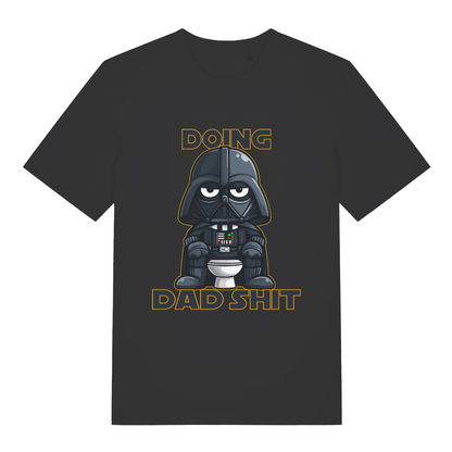 Black Dad Shit T-shirt flat lay with cute character on toilet "Doing Dad Shit" graphic