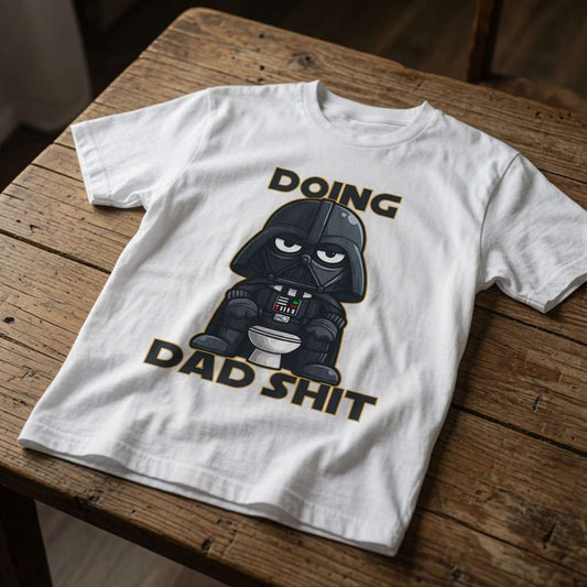 White Doing Dad Shit t-shirt on wood, funny witty humorous dad duty mens graphic tee