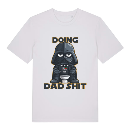 White Dad Shit T-shirt flat lay with clean cute character on toilet dad shit graphic