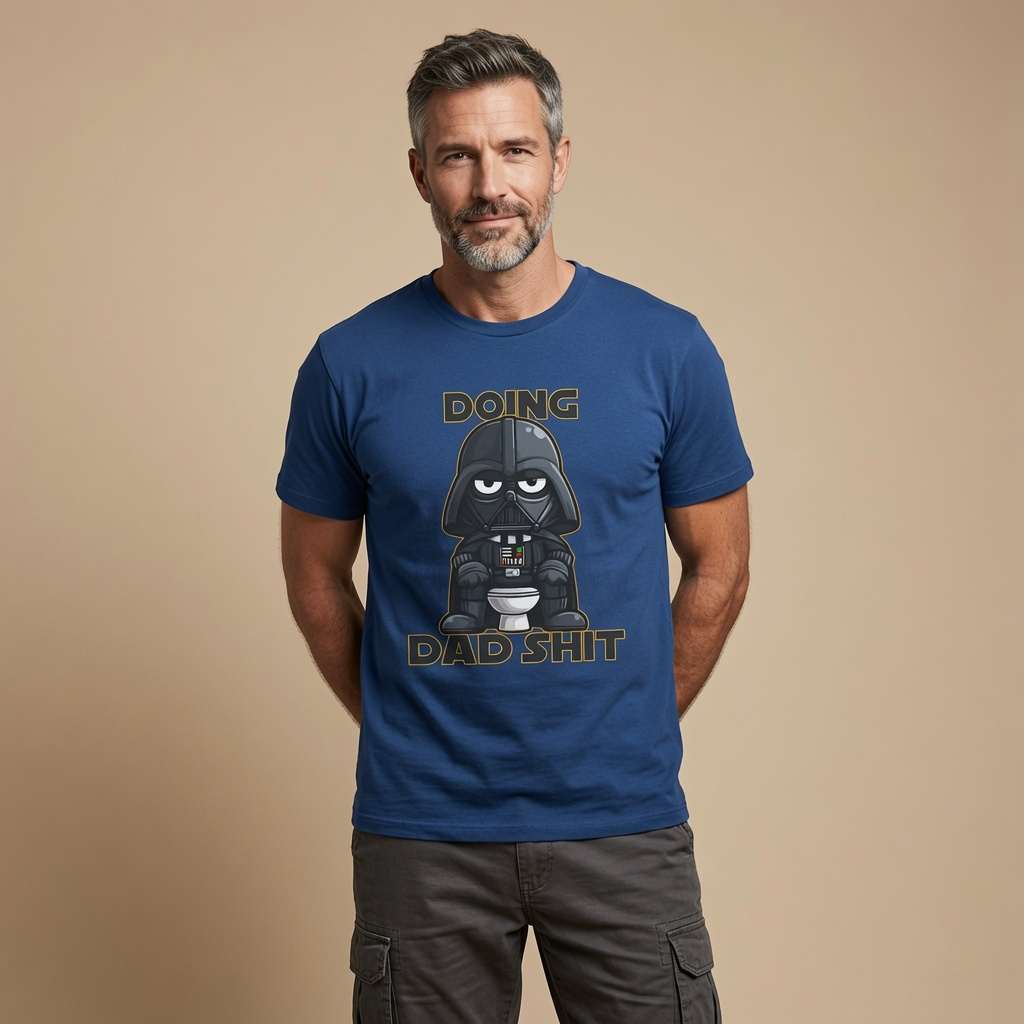 Man in worker blue Doing Dad Shit t-shirt, humorous dad slogan shirt