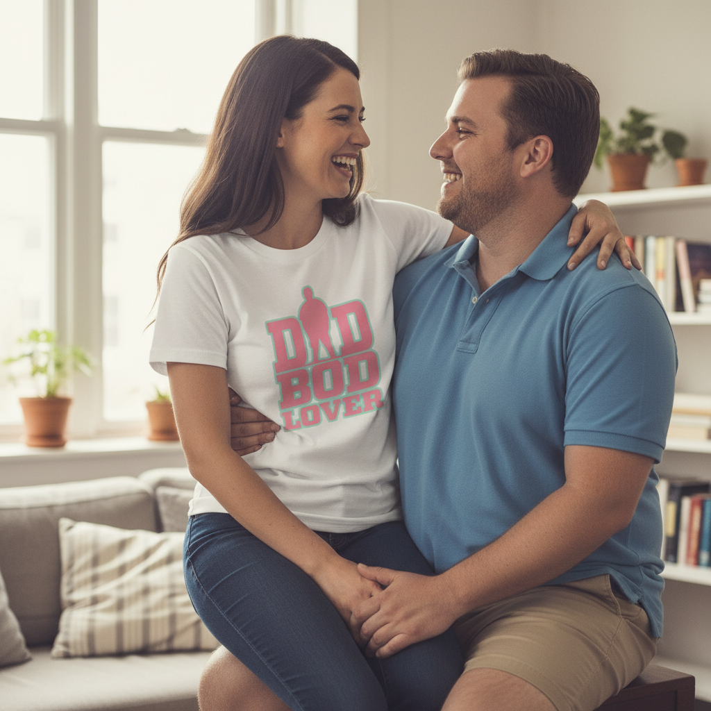 Man and woman sitting together in a cozy living room, smiling and holding hands.