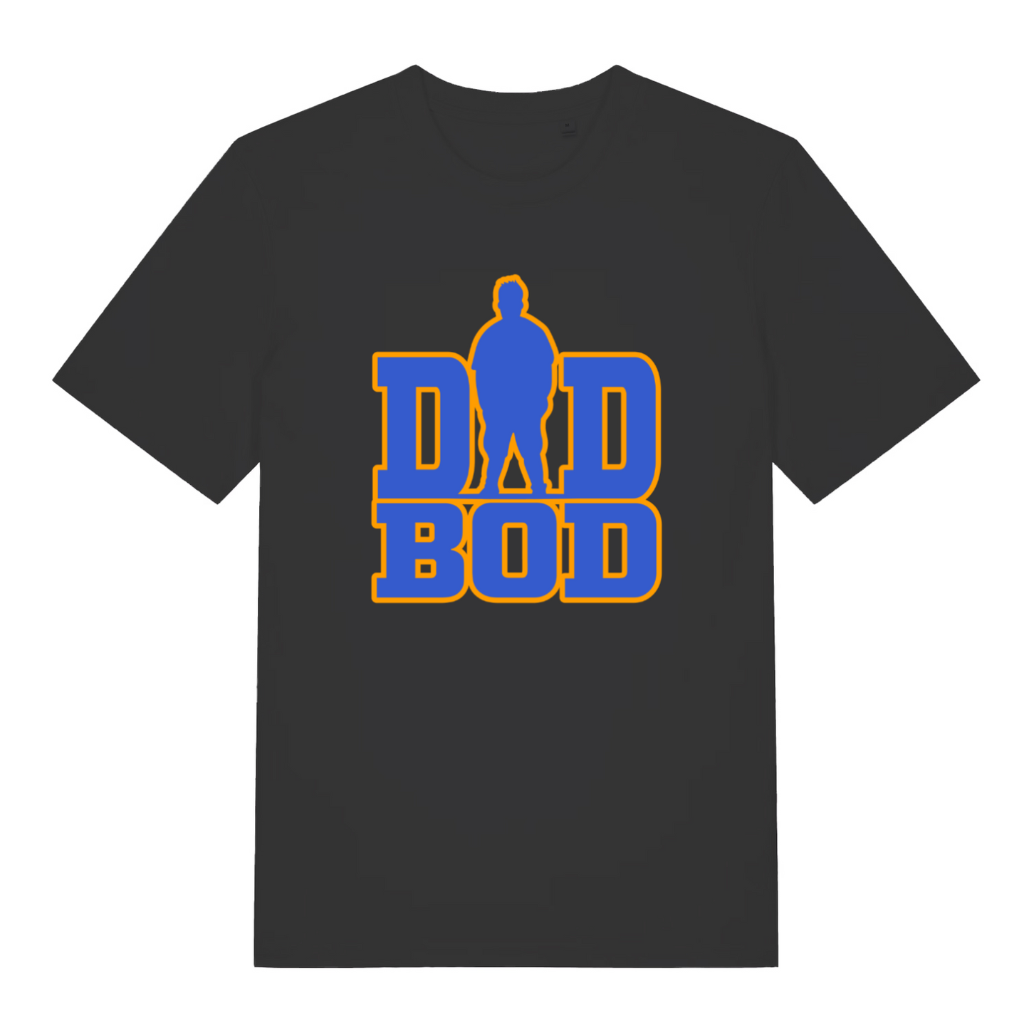 black slogan t-shirt with the text 'dad bod' and the graphic of a chubby man outline instead of the A in 'dad'