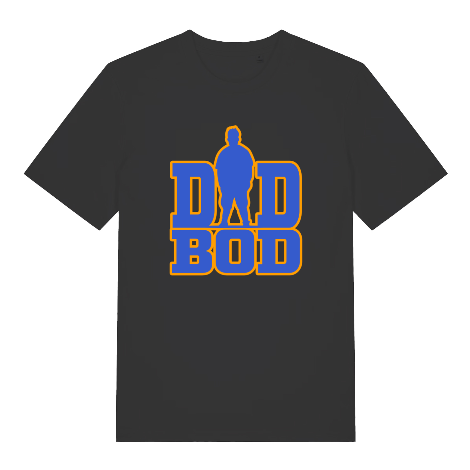 black slogan t-shirt with the text 'dad bod' and the graphic of a chubby man outline instead of the A in 'dad'