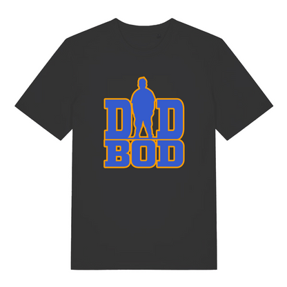 black slogan t-shirt with the text 'dad bod' and the graphic of a chubby man outline instead of the A in 'dad'