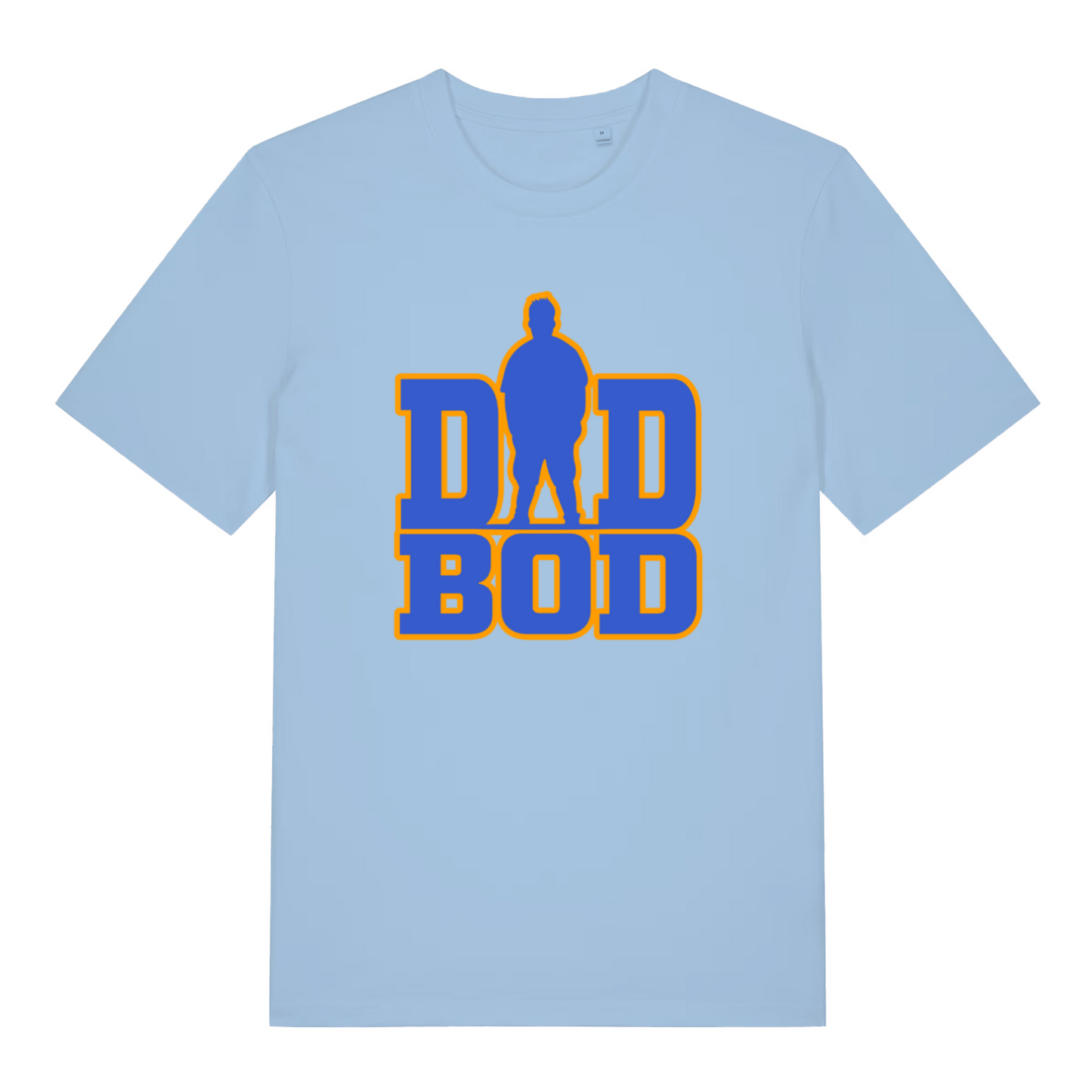 light blue slogan t-shirt with the text 'dad bod' and the graphic of a chubby man outline instead of the A in 'dad'