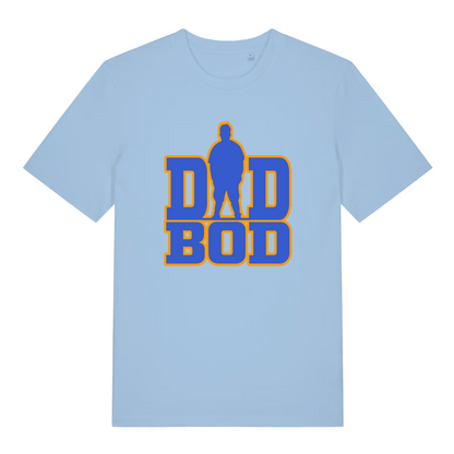 light blue slogan t-shirt with the text 'dad bod' and the graphic of a chubby man outline instead of the A in 'dad'