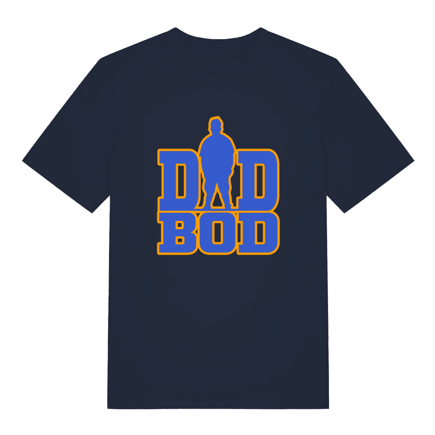 navy slogan t-shirt with the text 'dad bod' and the graphic of a chubby man outline instead of the A in 'dad'