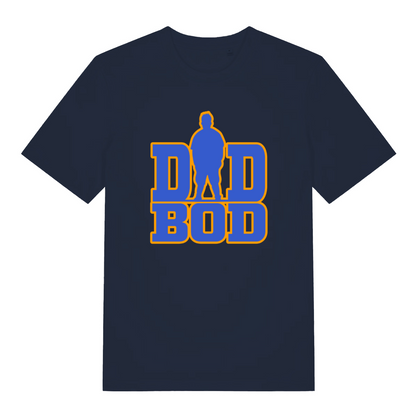 navy slogan t-shirt with the text 'dad bod' and the graphic of a chubby man outline instead of the A in 'dad'