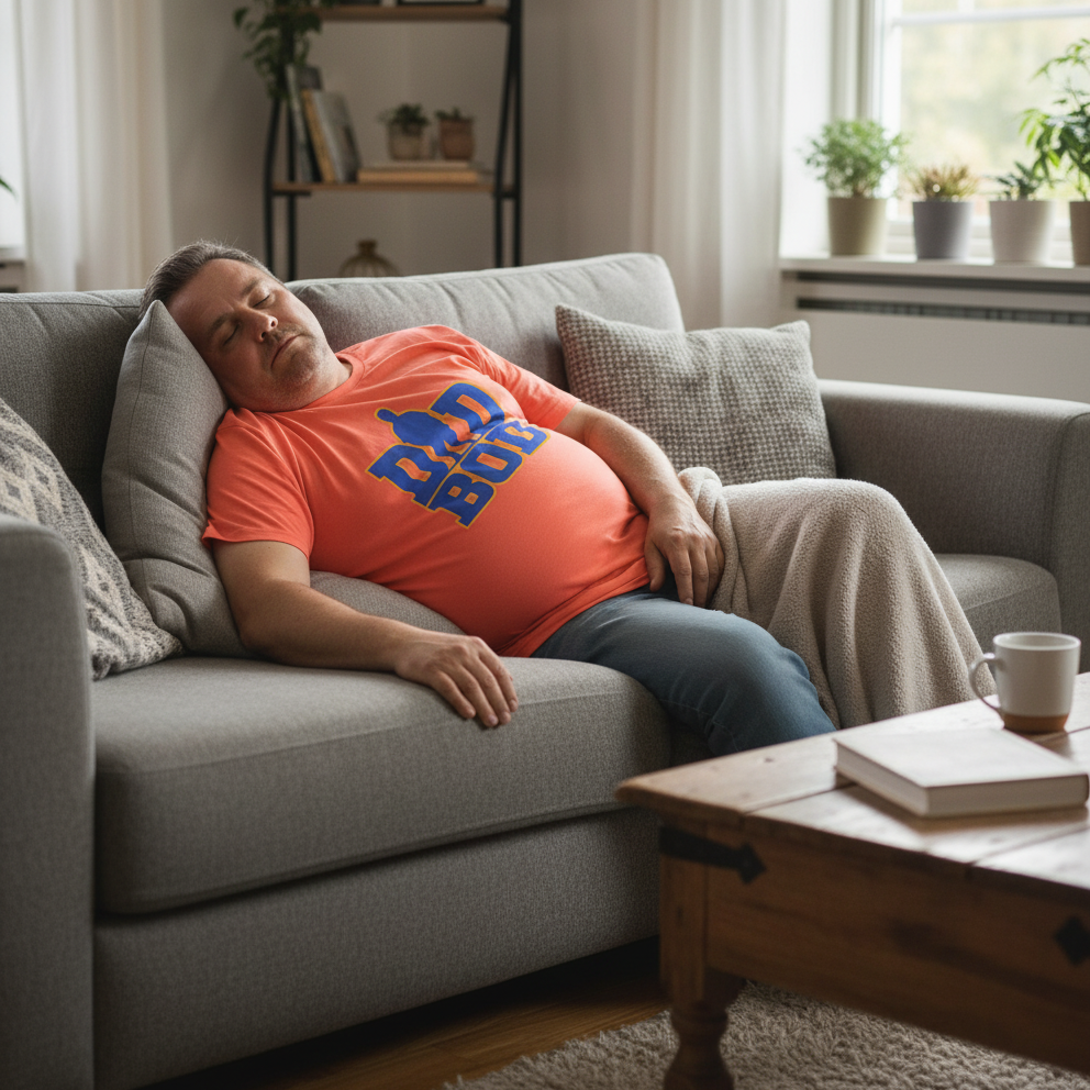 Man resting on a couch wearing an orange shirt with blue text in a cozy living room.