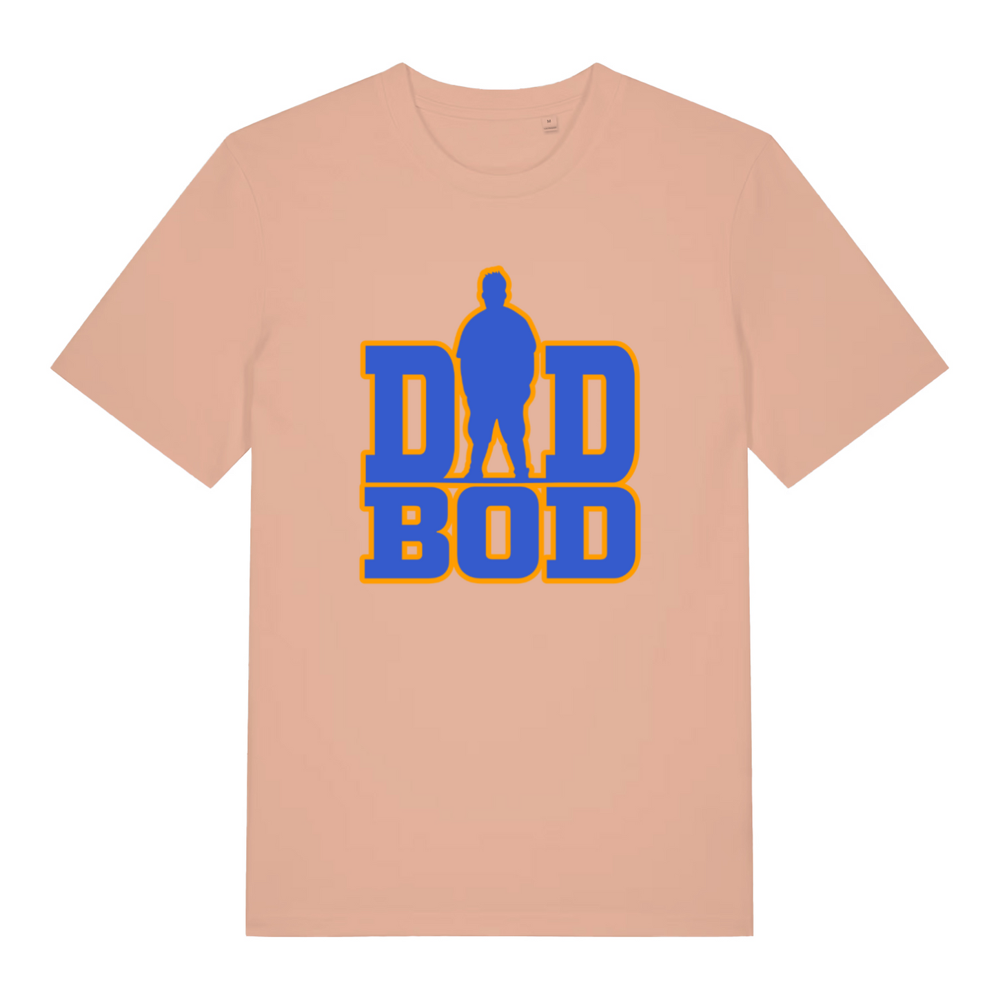 peach slogan t-shirt with the text 'dad bod' and the graphic of a chubby man outline instead of the A in 'dad'