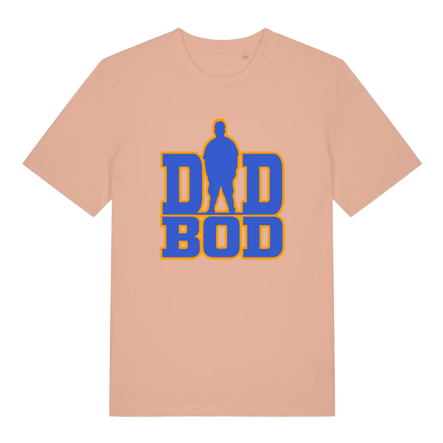 peach slogan t-shirt with the text 'dad bod' and the graphic of a chubby man outline instead of the A in 'dad'