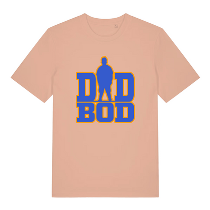 peach slogan t-shirt with the text 'dad bod' and the graphic of a chubby man outline instead of the A in 'dad'