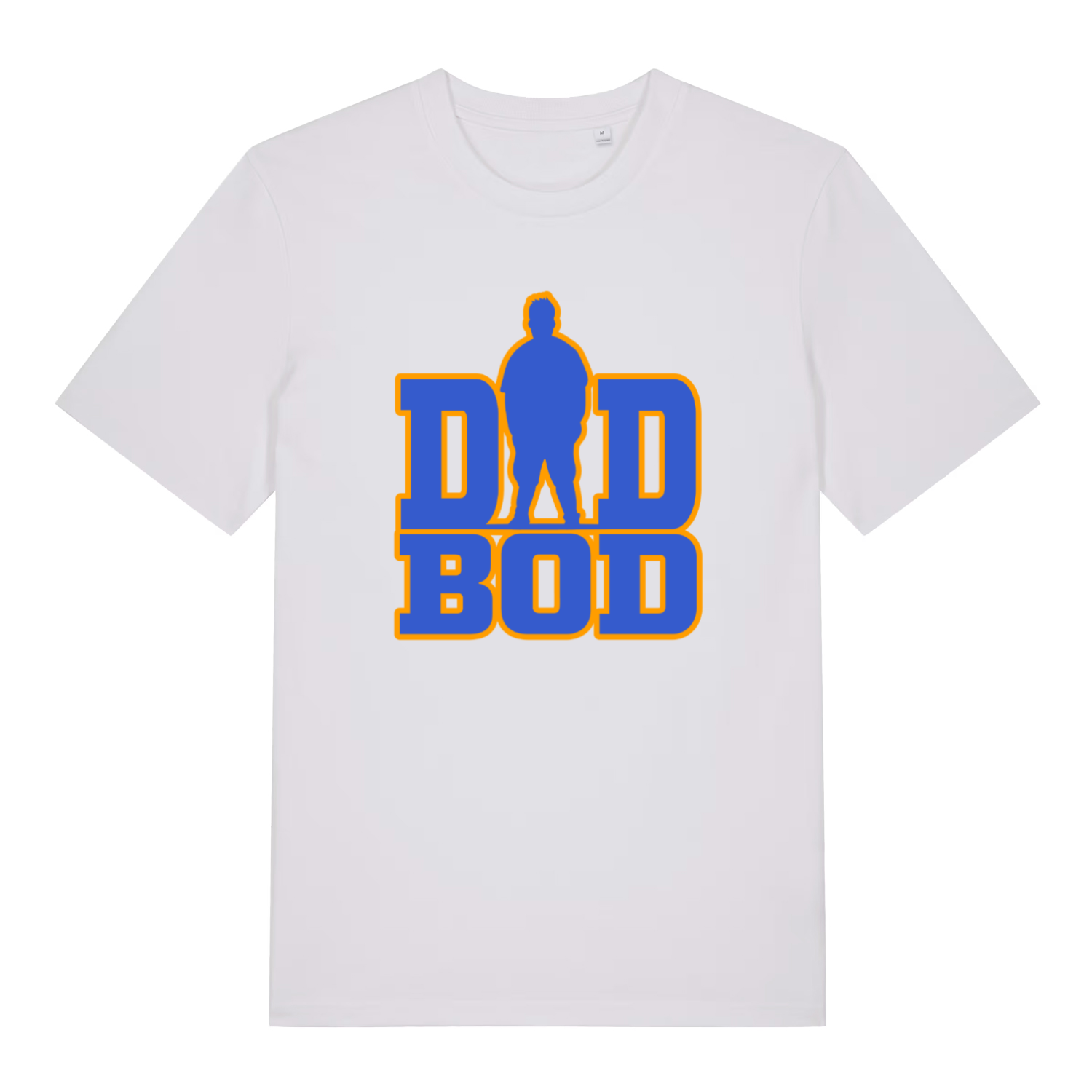 white slogan t-shirt with the text 'dad bod' and the graphic of a chubby man outline instead of the A in 'dad'
