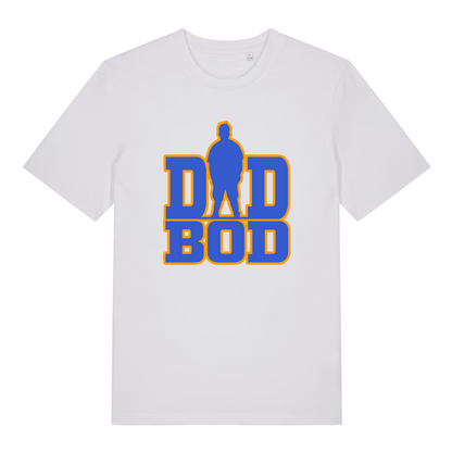 white slogan t-shirt with the text 'dad bod' and the graphic of a chubby man outline instead of the A in 'dad'