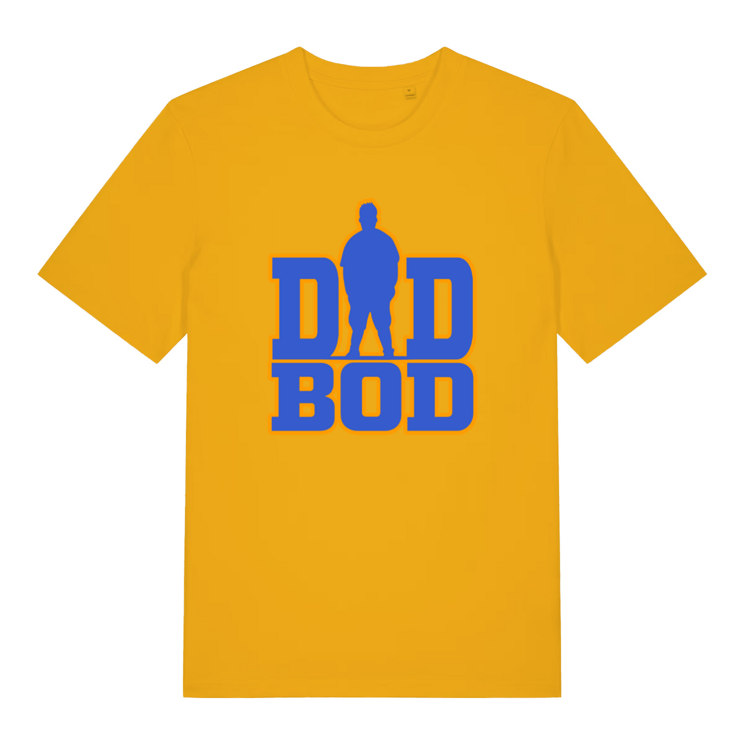 yellow slogan t-shirt with the text 'dad bod' and the graphic of a chubby man outline instead of the A in 'dad'