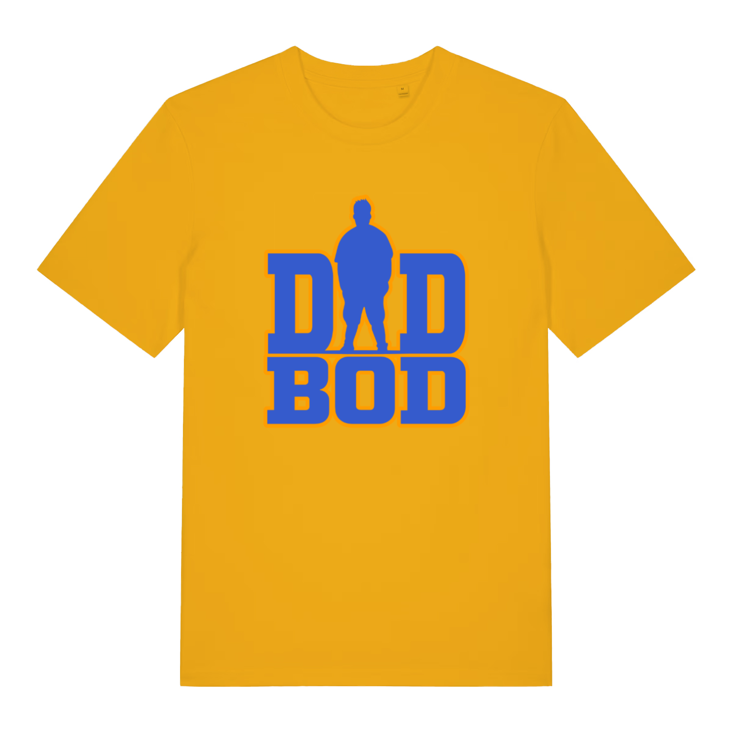 yellow slogan t-shirt with the text 'dad bod' and the graphic of a chubby man outline instead of the A in 'dad'