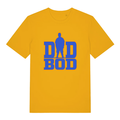 yellow slogan t-shirt with the text 'dad bod' and the graphic of a chubby man outline instead of the A in 'dad'
