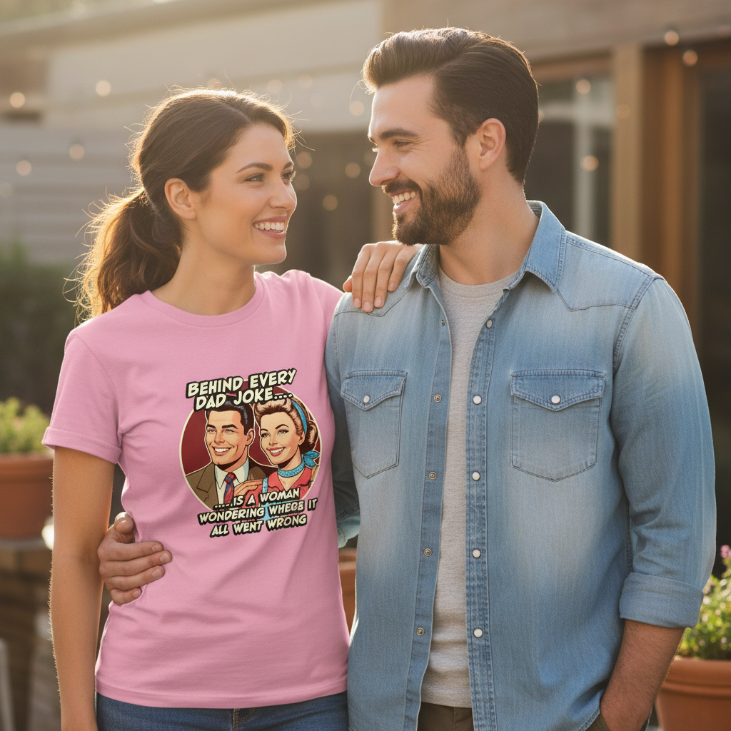 Man and woman standing together outdoors, man wearing a blue denim shirt and woman wearing a pink t-shirt with a graphic design.