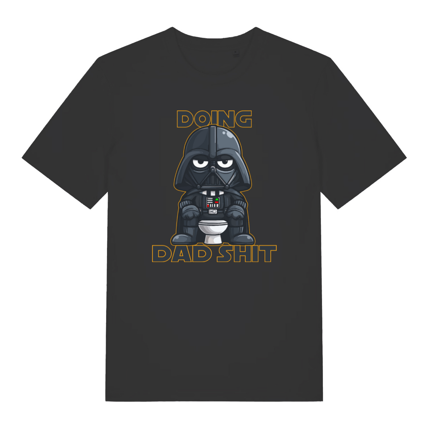 Black graphic t-shirt with a graphic of Darth Vader on a toilet and text 'Doing Dad Shit' 