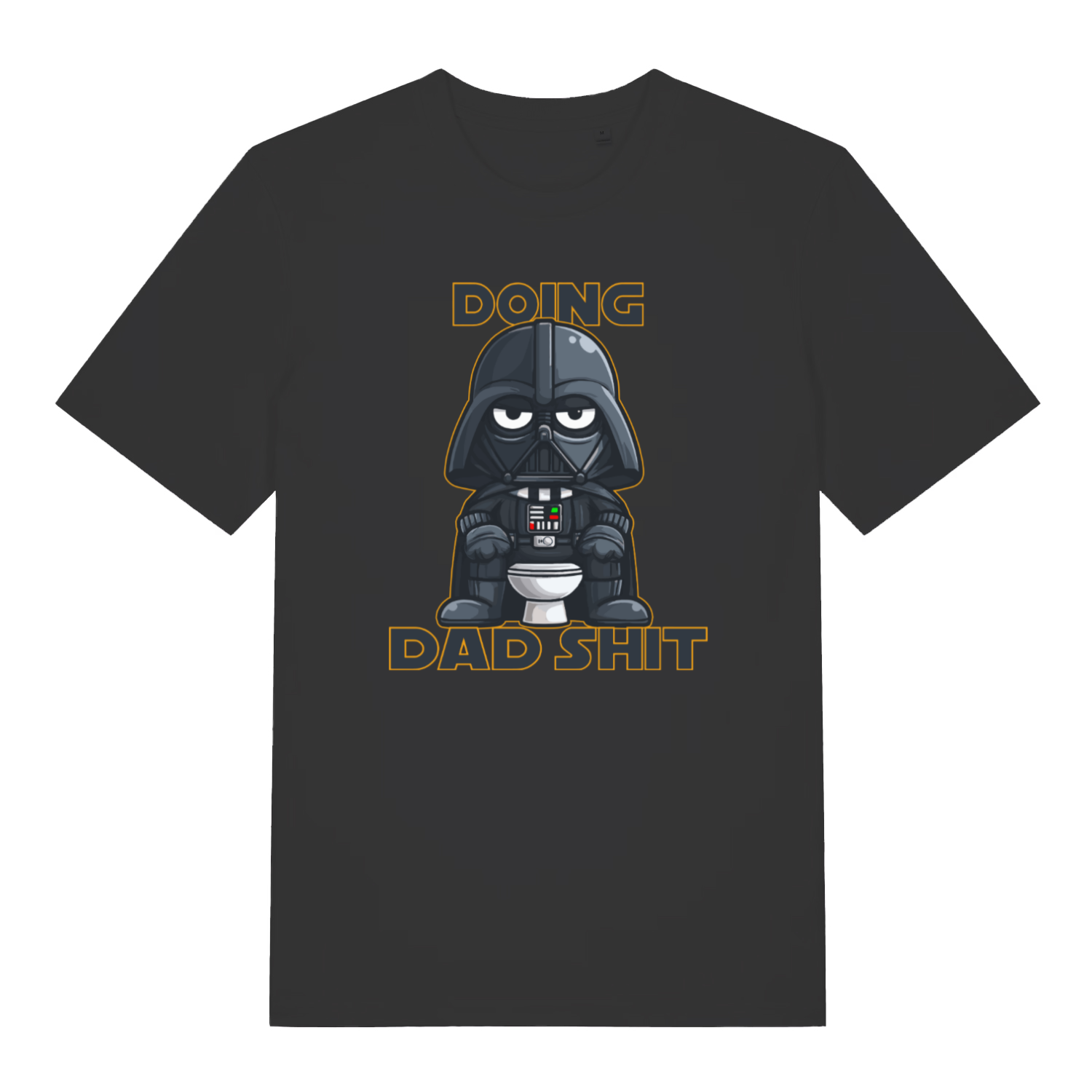 Black graphic t-shirt with a graphic of Darth Vader on a toilet and text 'Doing Dad Shit' 