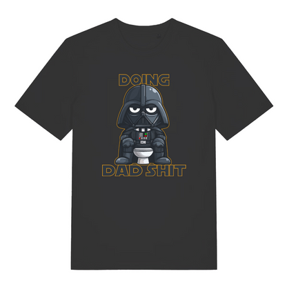 Black graphic t-shirt with a graphic of Darth Vader on a toilet and text 'Doing Dad Shit' 