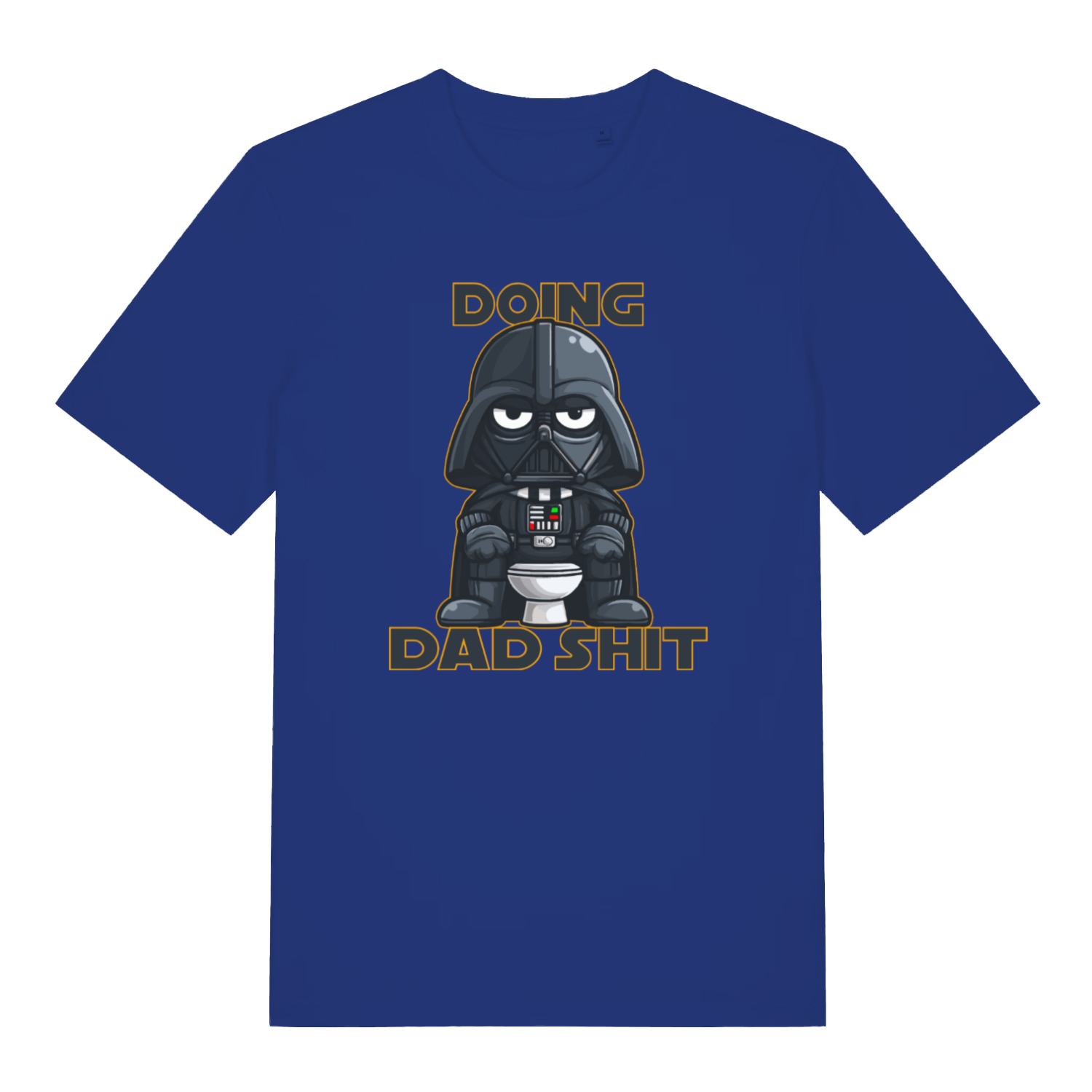 blue graphic t-shirt with a graphic of Darth Vader on a toilet and text 'Doing Dad Shit' 