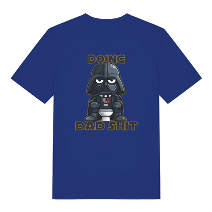 blue graphic t-shirt with a graphic of Darth Vader on a toilet and text 'Doing Dad Shit' 