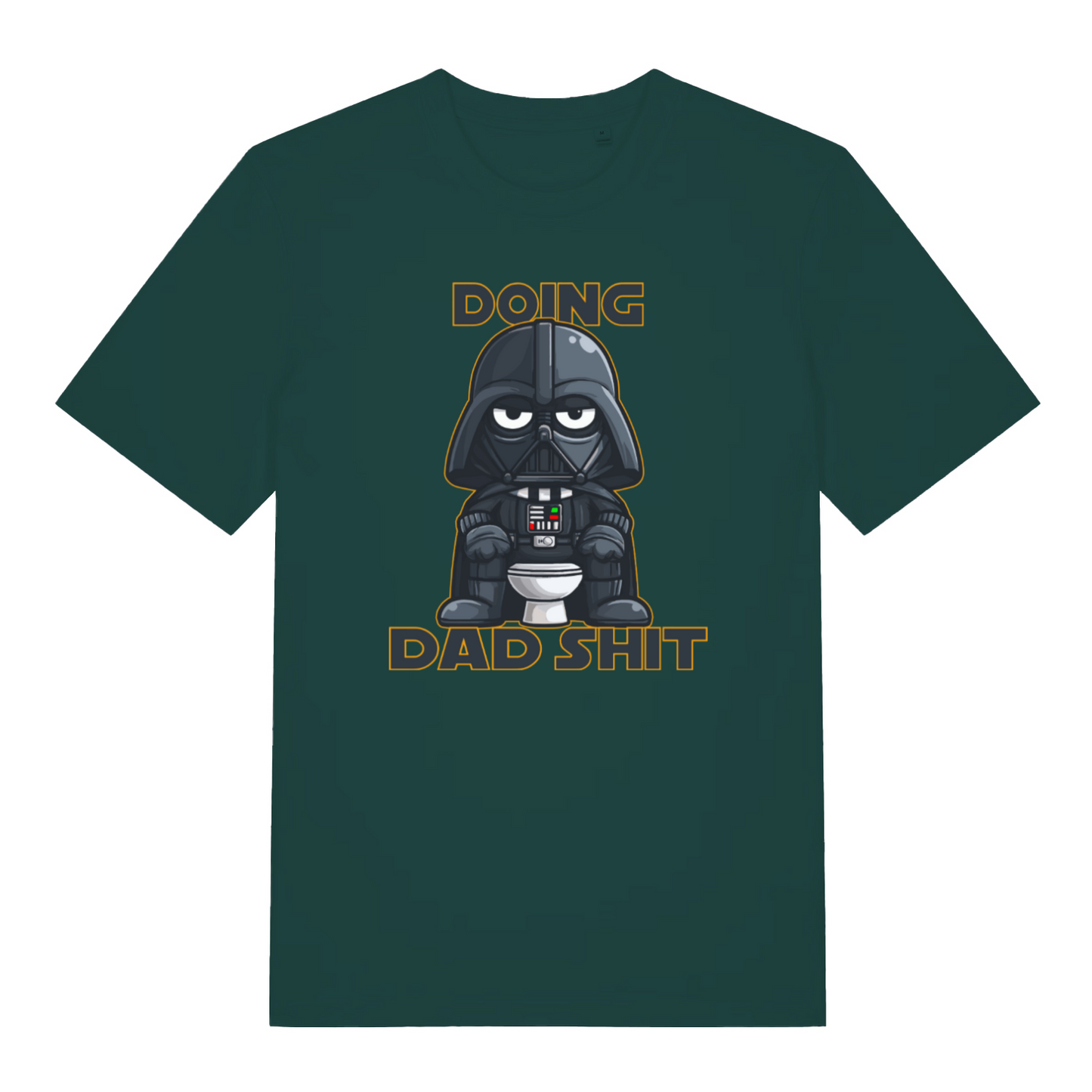 green graphic t-shirt with a graphic of Darth Vader on a toilet and text 'Doing Dad Shit' 