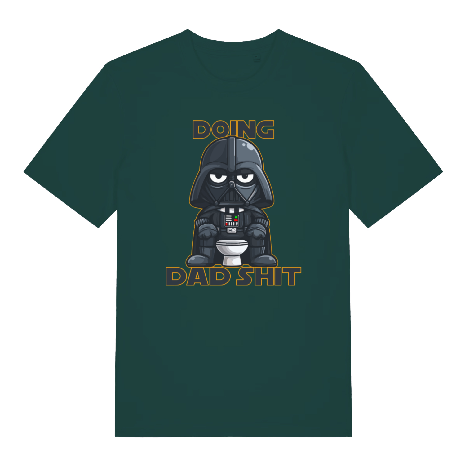 green graphic t-shirt with a graphic of Darth Vader on a toilet and text 'Doing Dad Shit' 