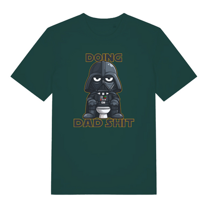 green graphic t-shirt with a graphic of Darth Vader on a toilet and text 'Doing Dad Shit' 