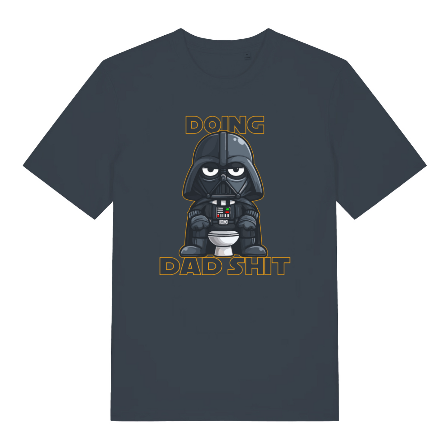 ink grey graphic t-shirt with a graphic of Darth Vader on a toilet and text 'Doing Dad Shit' 
