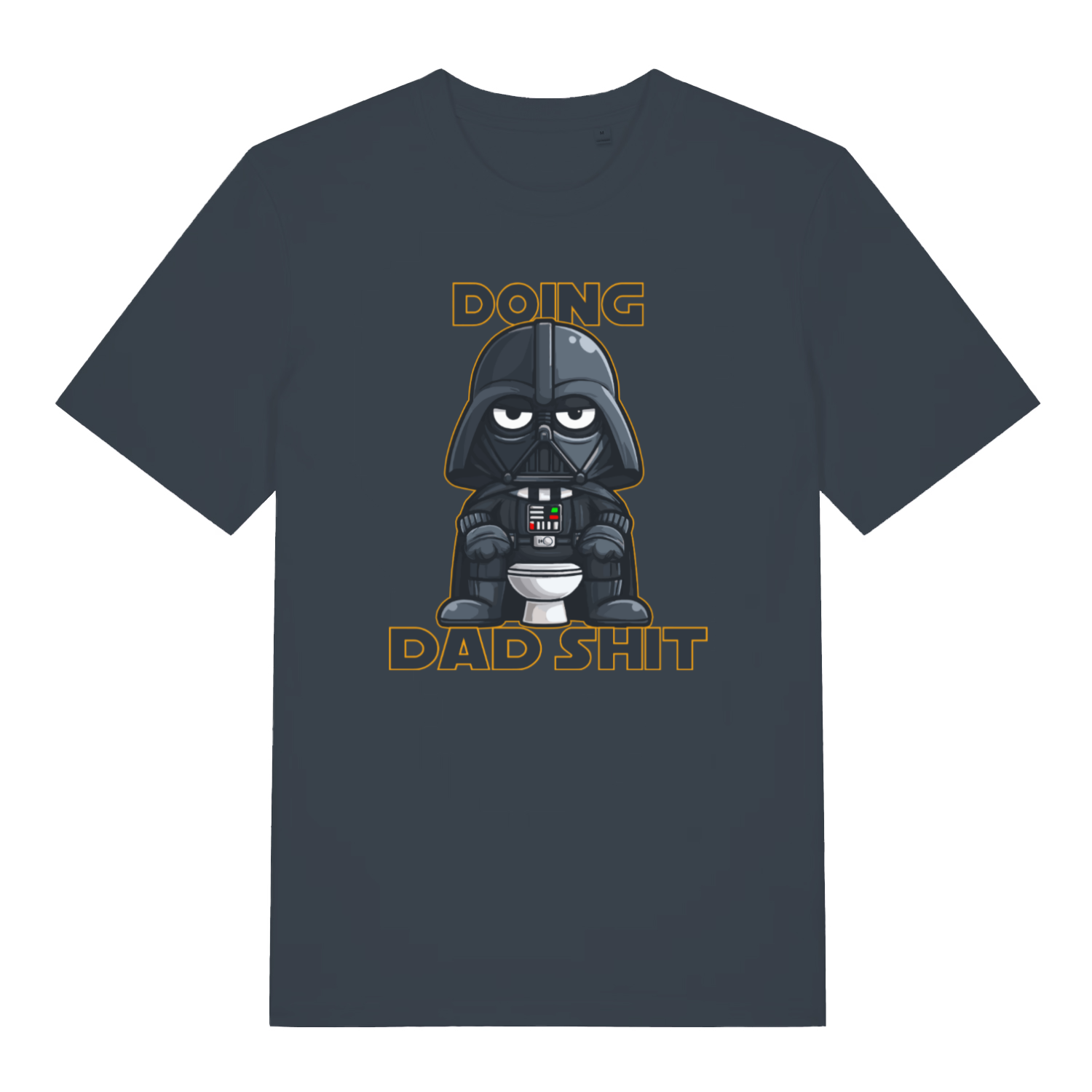 ink grey graphic t-shirt with a graphic of Darth Vader on a toilet and text 'Doing Dad Shit' 