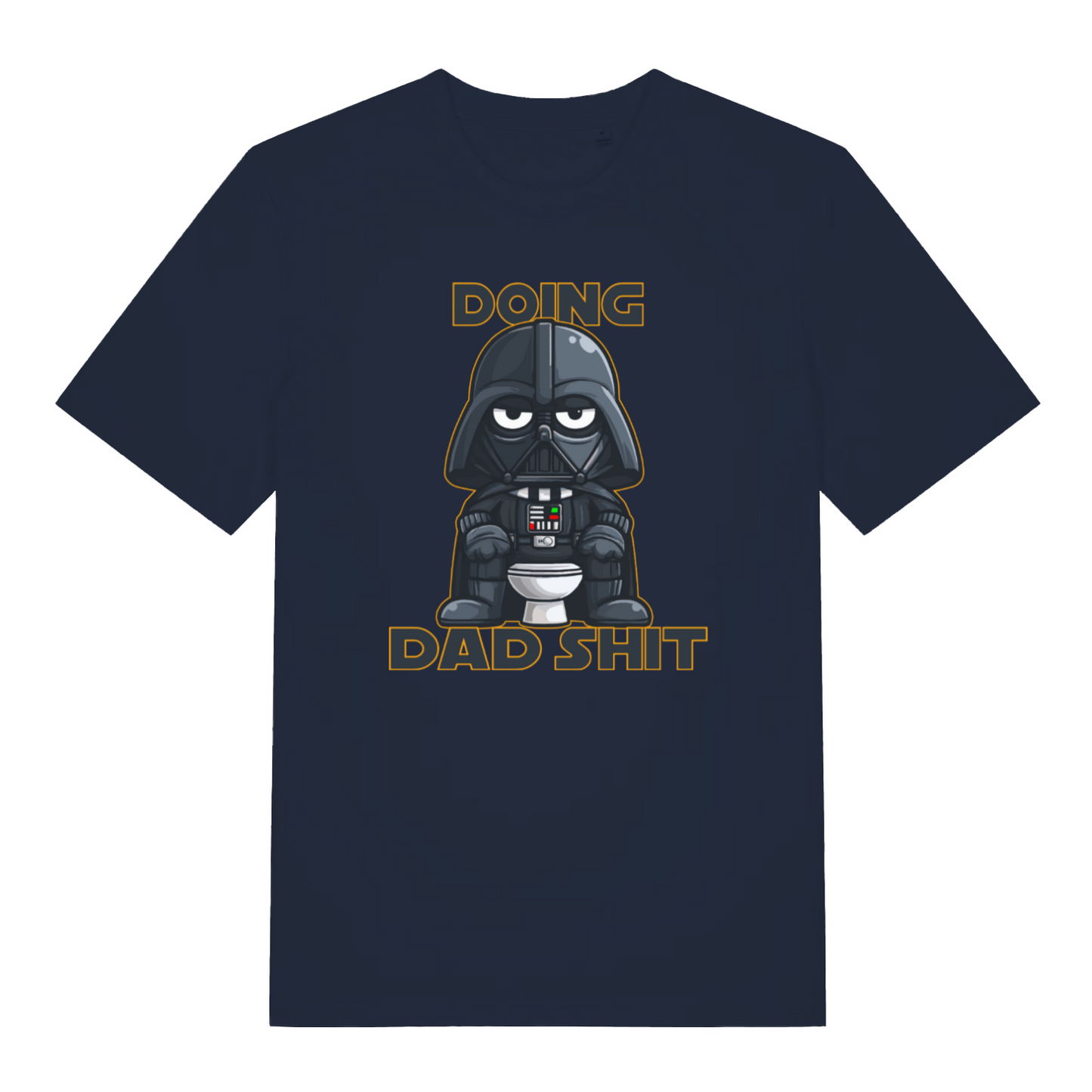 navy graphic t-shirt with a graphic of Darth Vader on a toilet and text 'Doing Dad Shit' 