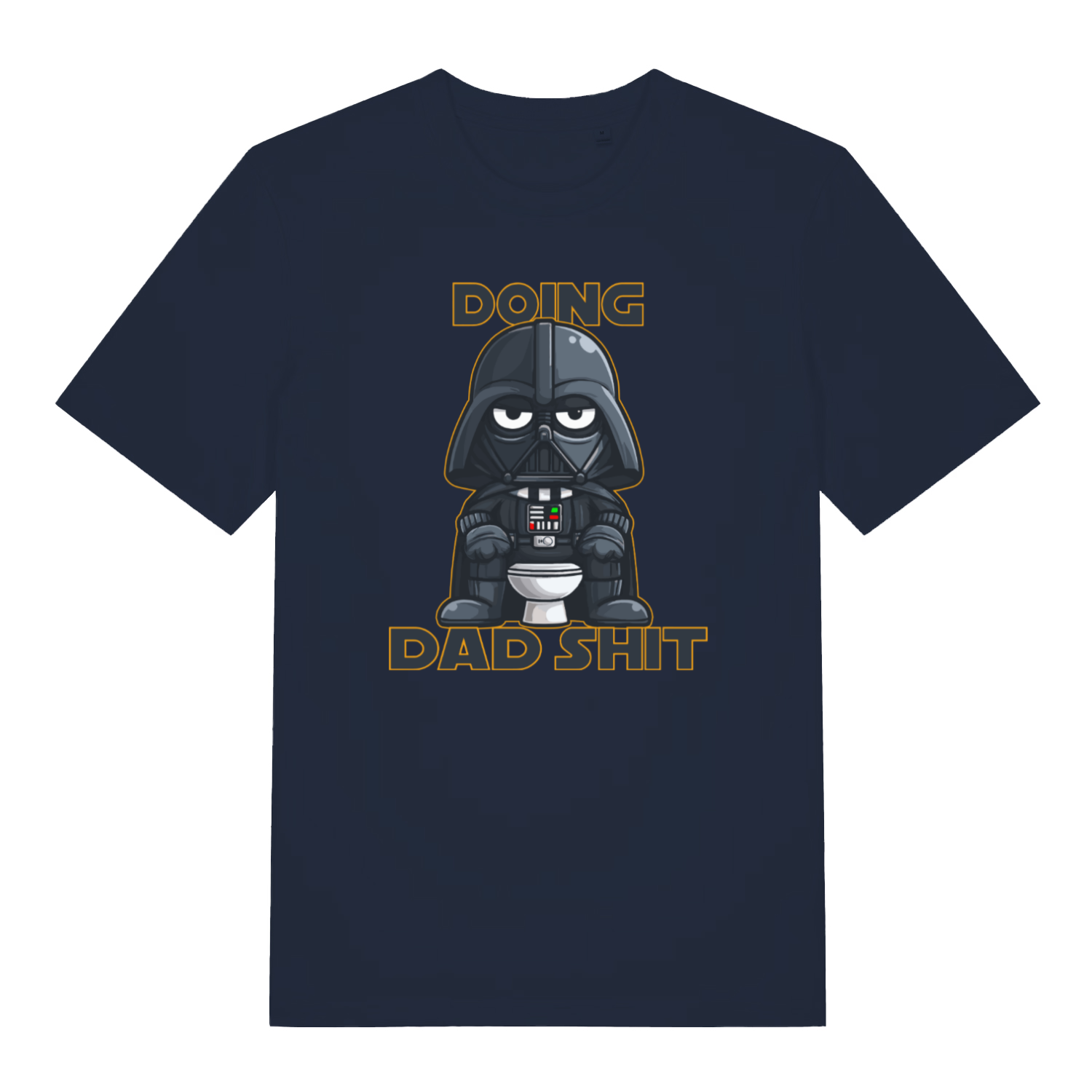 navy graphic t-shirt with a graphic of Darth Vader on a toilet and text 'Doing Dad Shit' 