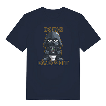 navy graphic t-shirt with a graphic of Darth Vader on a toilet and text 'Doing Dad Shit' 