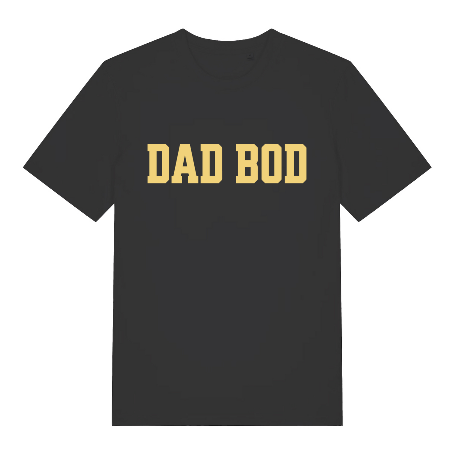 Black Dad Bod T-shirt flat lay with bold yellow "DAD BOD" varsity text