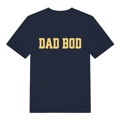 French Navy Dad Bod T-shirt flat lay featuring simple yellow dad bod slogan