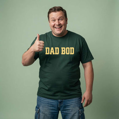 Man in glazed green Dad Bod tee, fun dad body slogan gift