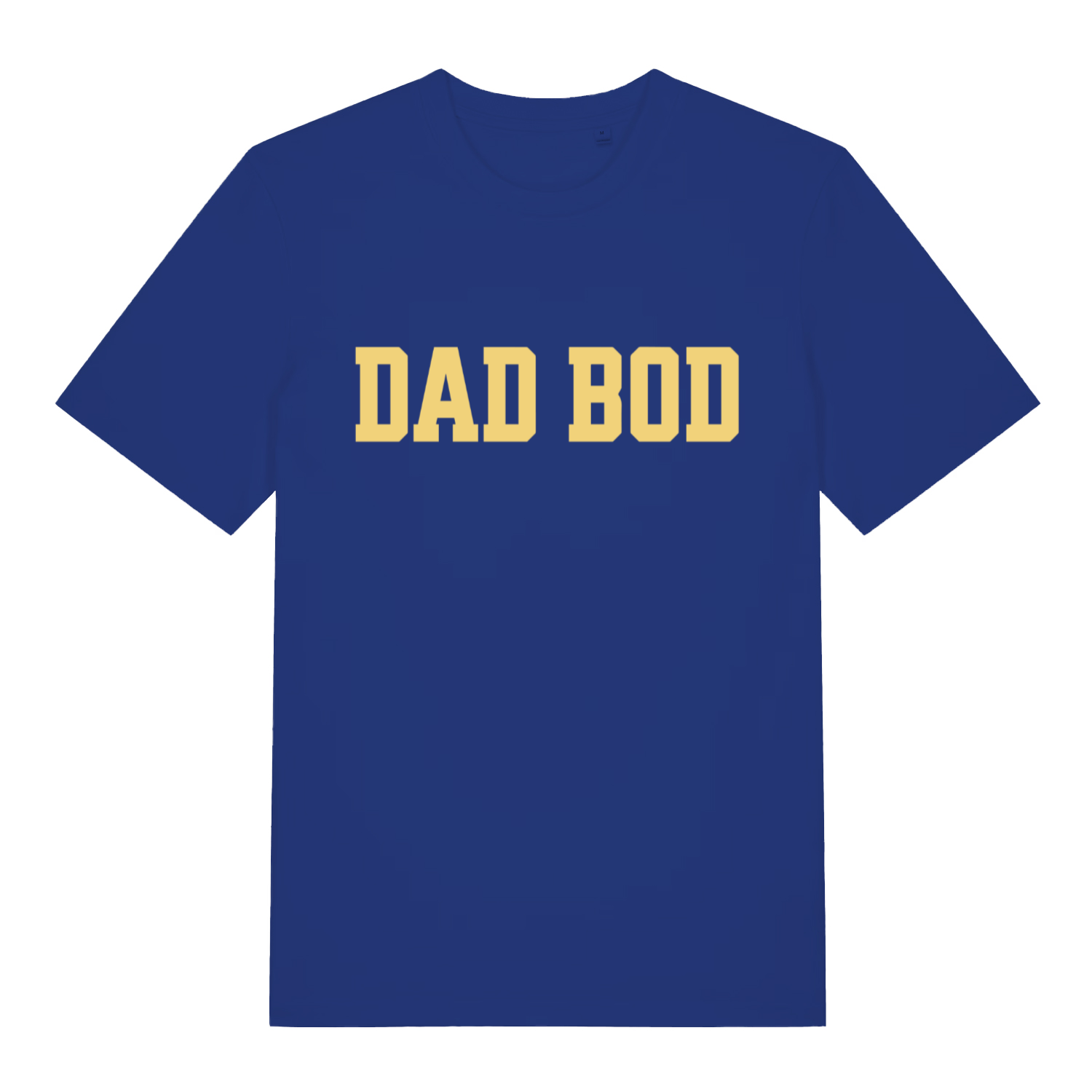 Worker Blue Dad Bod T-shirt flat lay with vibrant yellow dad bod lettering