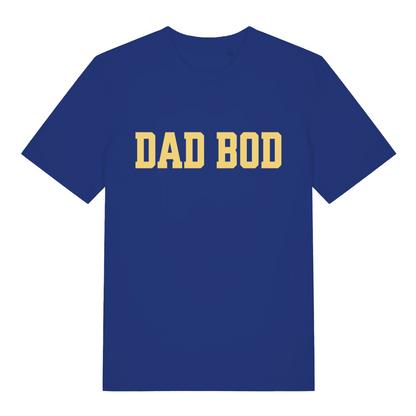 Worker Blue Dad Bod T-shirt flat lay with vibrant yellow dad bod lettering