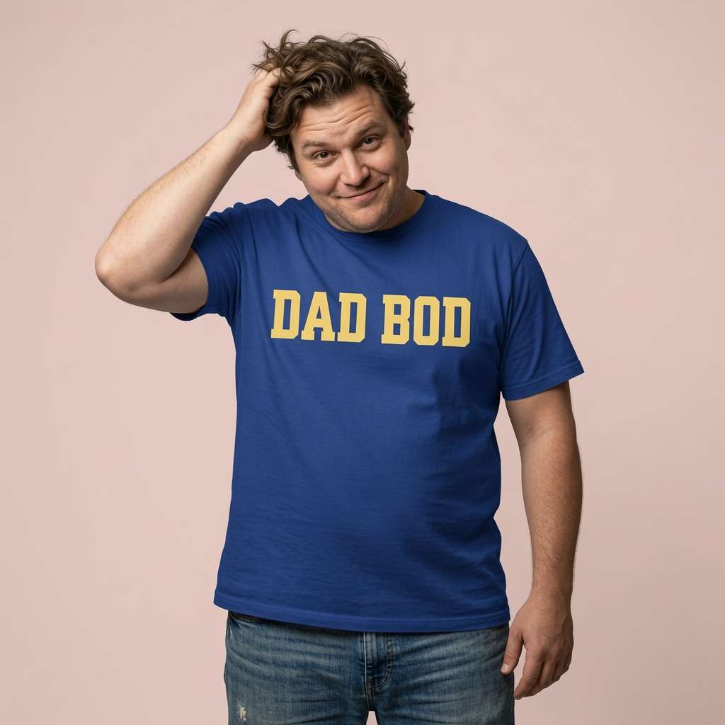 Man in worker blue Dad Bod t-shirt, witty fun cheeky slogan dad tee