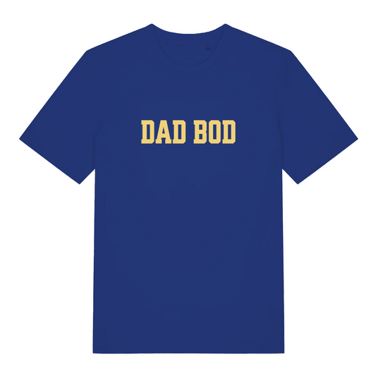 blue slogan t-shirt with the text 'dadbod'
