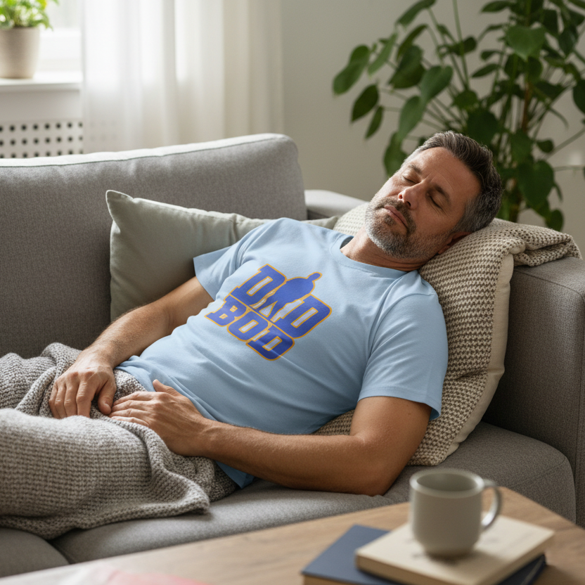 Man resting on a couch wearing a blue t-shirt with 'Dad Bod' text, surrounded by home decor.