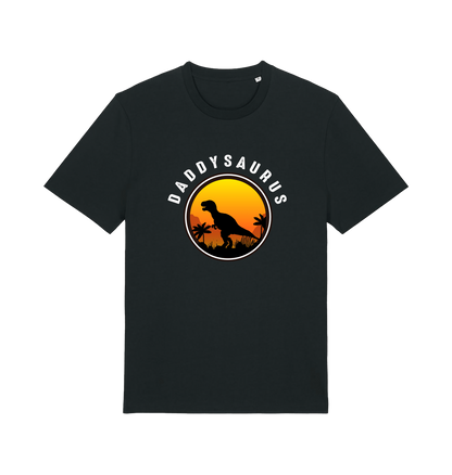 Black dad t-shirt with 'Daddysaurus' graphic design featuring a dinosaur silhouette against a sunset background.