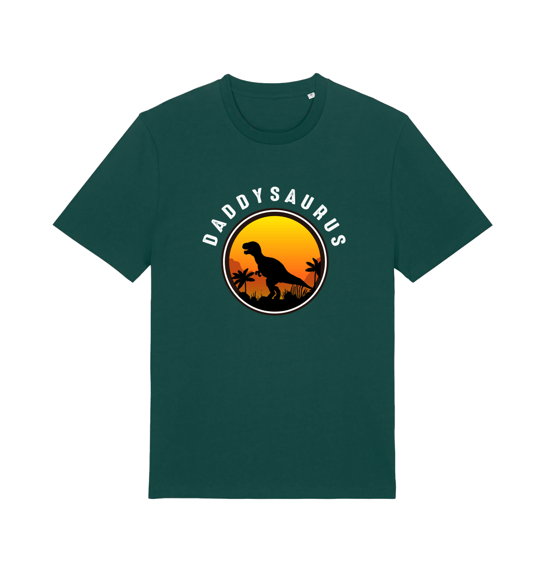 green dad t-shirt with 'Daddysaurus' graphic design featuring a dinosaur silhouette against a sunset 