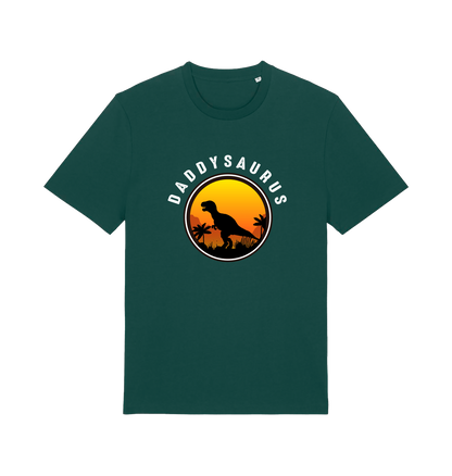 green dad t-shirt with 'Daddysaurus' graphic design featuring a dinosaur silhouette against a sunset 