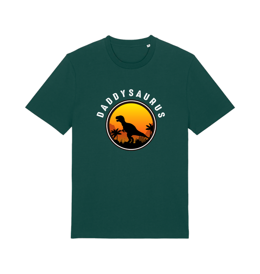 green dad t-shirt with 'Daddysaurus' graphic design featuring a dinosaur silhouette against a sunset 